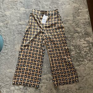 Zara Satin Printed Tan & Black Flowy Crop Culotte Pants Size Lg with tags
